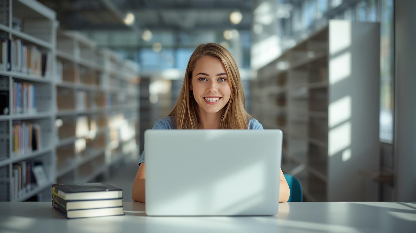 Happy college student searches for textbooks on laptop in modern library.
