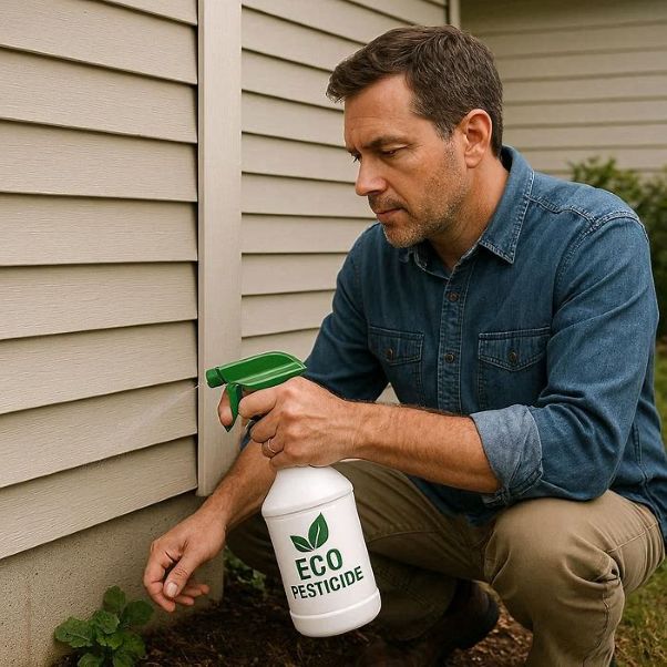 homeowner using ecofriendly pesticides at home